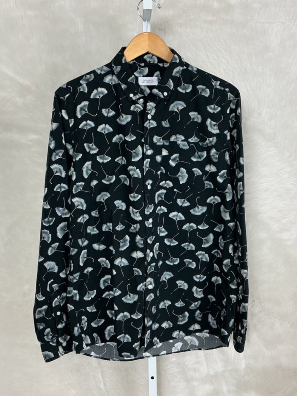 Saturdays NYC Black Gray Crosby Gingko Leaf Print Cotton Button Down Shirt L